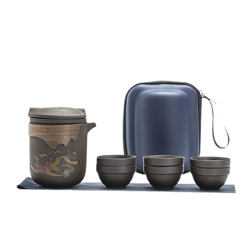 Color-changing purple sand travel tea set portable bag outdoor express cup purple sand ceramic one pot six cups anti-scalding