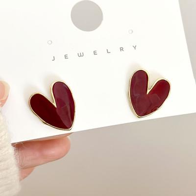 Girls Cute Red Enamel Oil Heart Stud Earrings Party Elegant Zircon Golden Color Metal Geometry Trendy Earrings for Women Gift