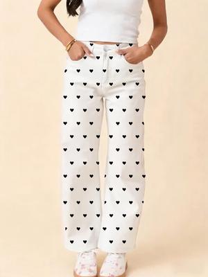 Women's White Heart Denim Pants - High Stretch, Slim Fit, Wide Leg