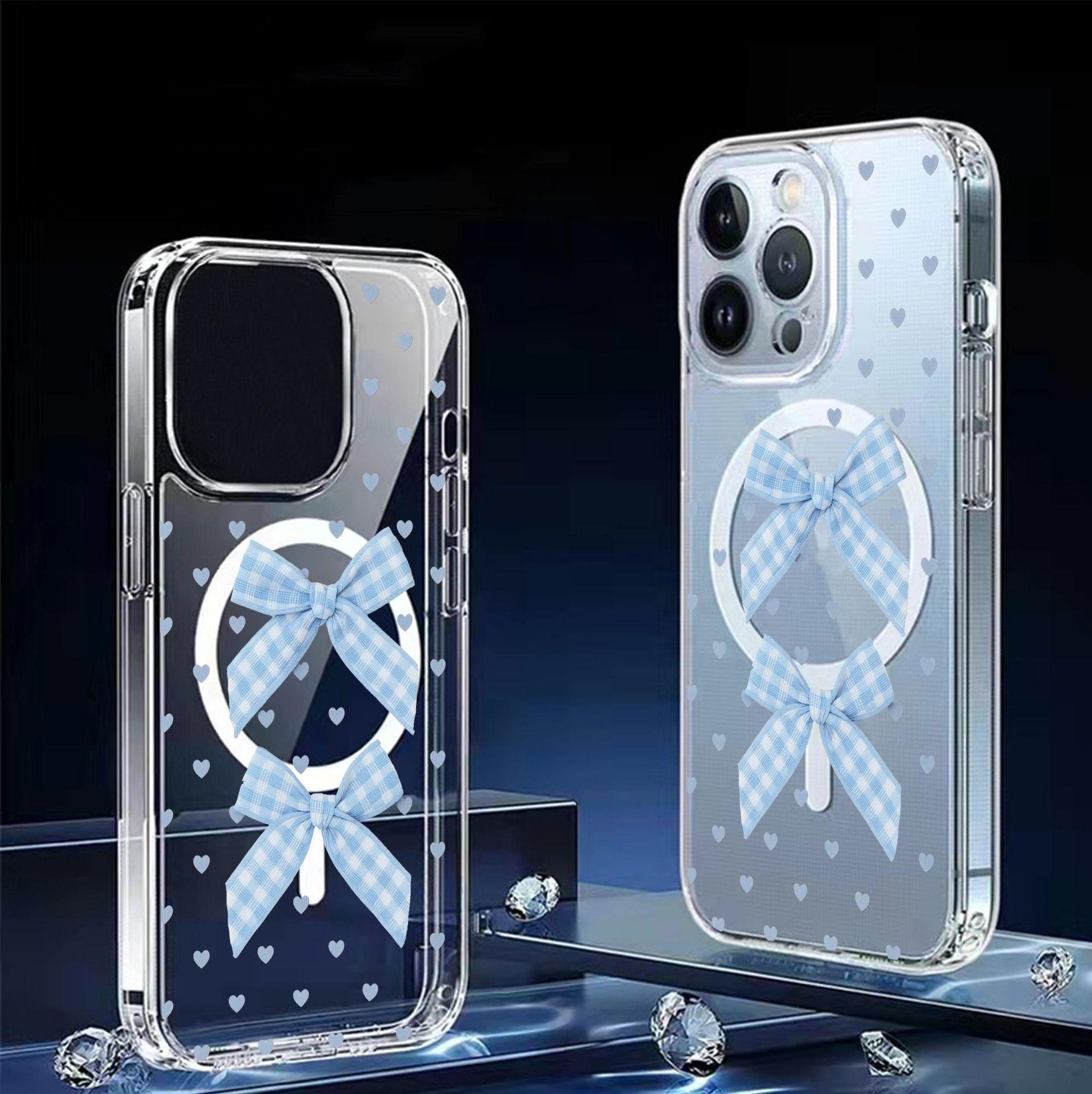 

Blue Bow Magnetic Transparent Full Coverage Case for iPhone 14/15/16/17 Pro Max iPhone 11 Pro прозрачный
