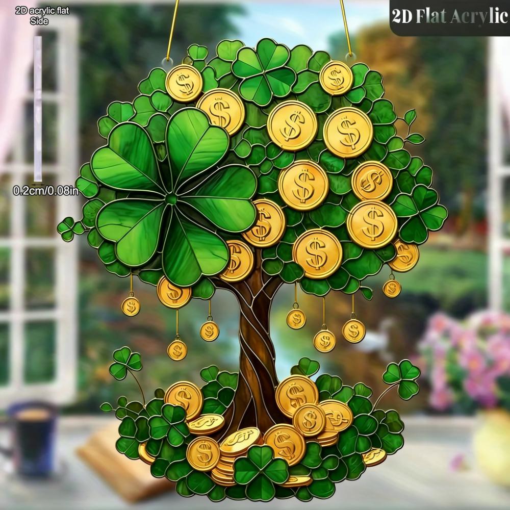 1pc 2D Acrylic Lucky Clover with Money Tree Decoration | Suitable for Bathroom, Bedroom, and Outdoor Spaces, Wall Hanging Decoration 