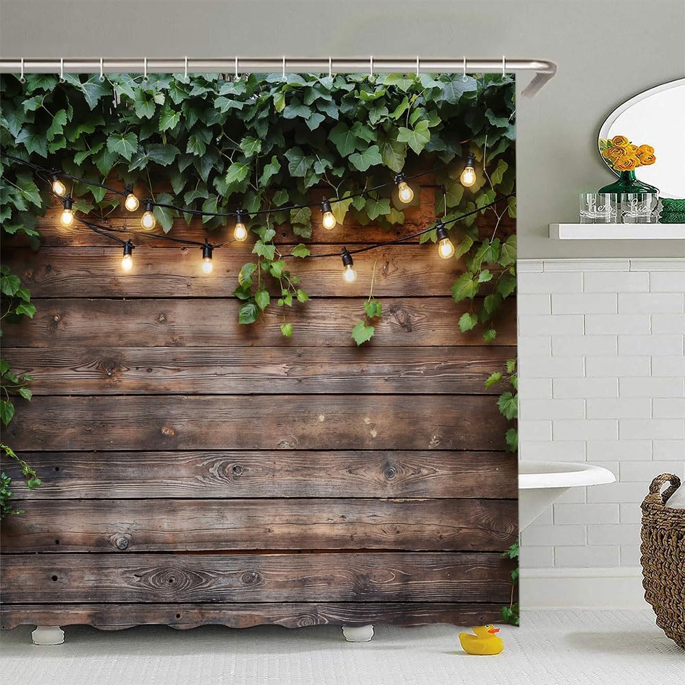 Rustic Wooden Board Shower Curtain Green Leaves Leaf Vine Farmhouse Vintage Wood Grunge Planks Barn Door Country L;IFE Bathroom