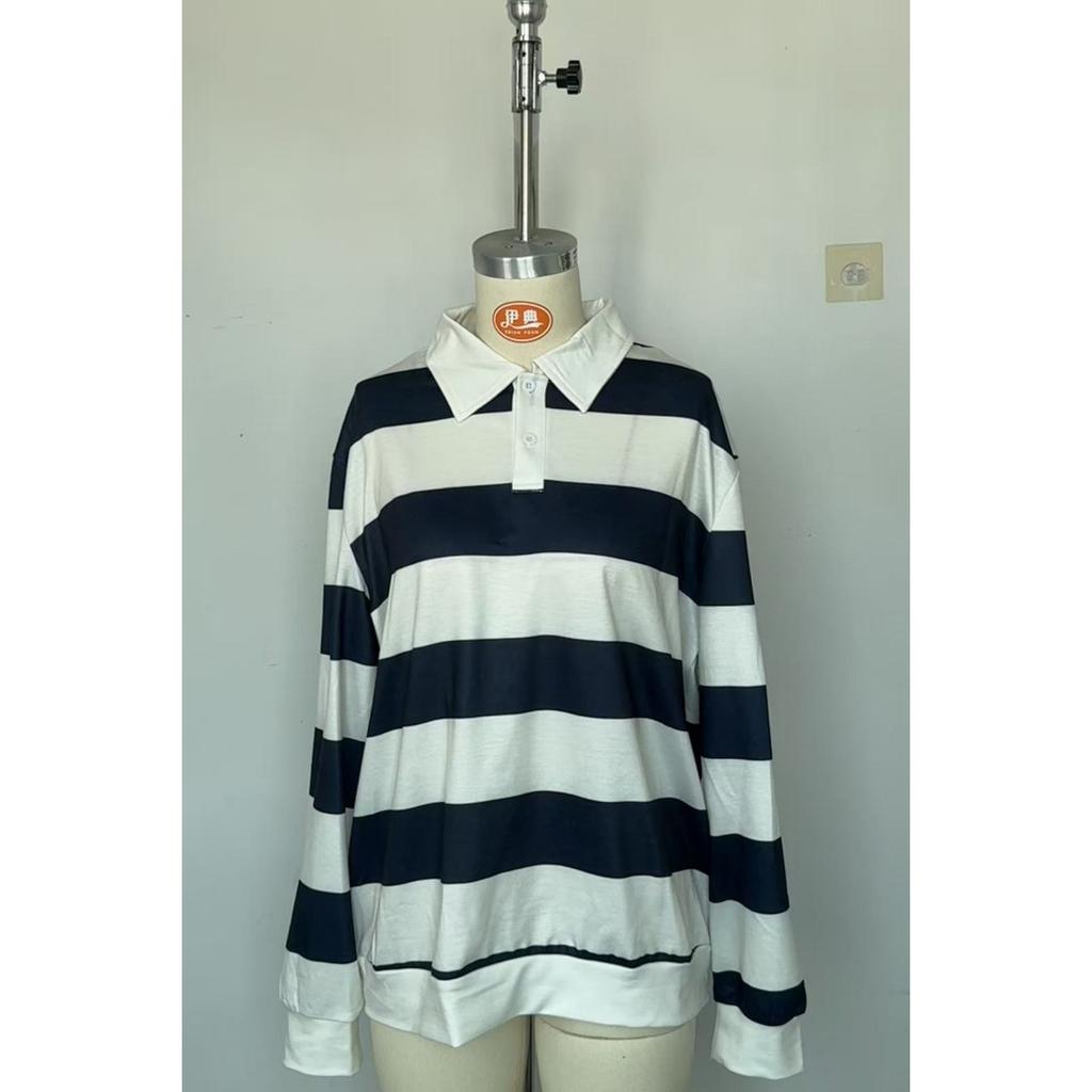 Spring Autumn New Fashion Loose Striped Pique Polo Shirt for Men Women, Trendy Hong Kong Style Streetwear