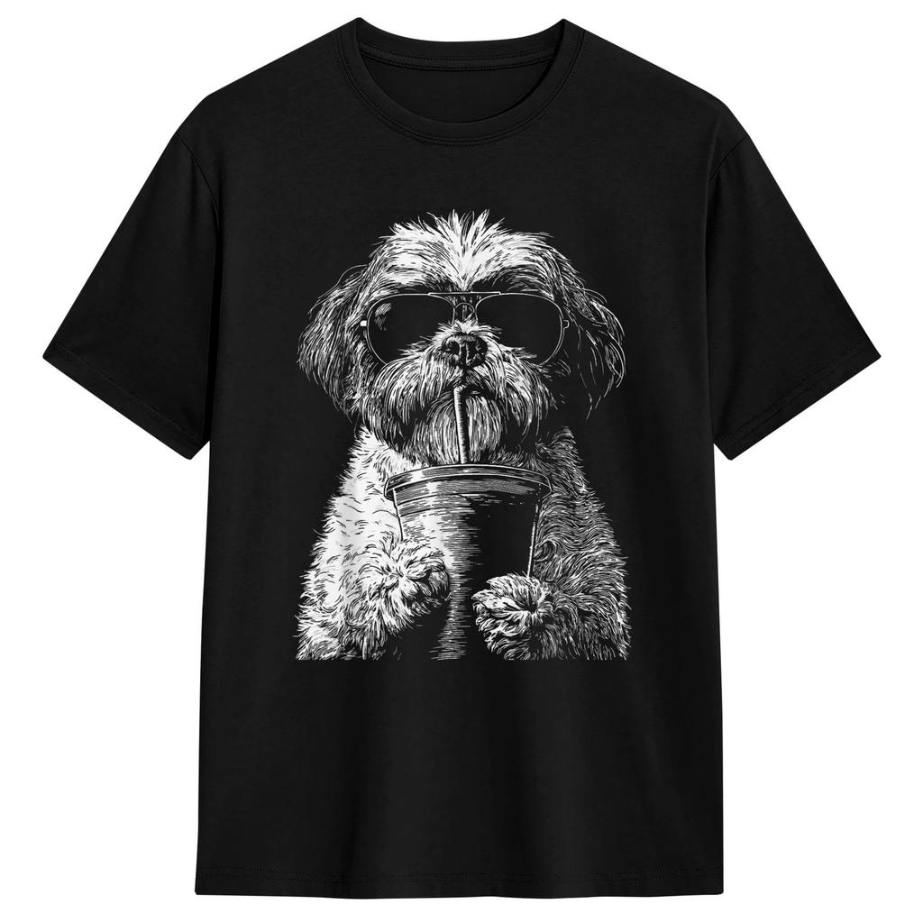 Divertente Shih Tzu che beve caffè freddo Maglietta Estate Cotone Magliette Per Unisex Design Maglietta Manica Corta Y2k Abbigliamento Casual