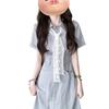 Elegant Women's French-Style Blue Summer Shirt Dress with Waist-Cinching and Long Silhouette