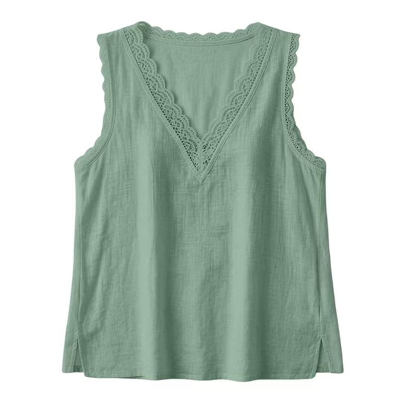 Womens Casual Summer Sleeveless V Neck Lace Trim Shirt