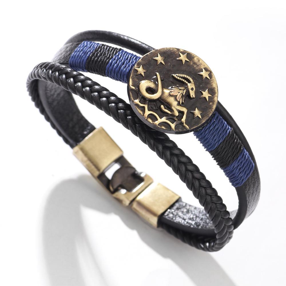 JMXD 12 Zodiac Punk Style Studded Leather Bracelet Hand-Woven Rope Zodiac Band Fashion Accessory Unisex Gift