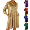 Women's Sequin Mini Dress Glitter 3/4 Sleeve V-Neck Dress Sparkly Cocktail Party Club Split Dress with Pockets