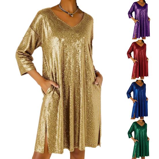 Women's Sequin Mini Dress Glitter 3/4 Sleeve V-Neck Dress Sparkly Cocktail Party Club Split Dress with Pockets
