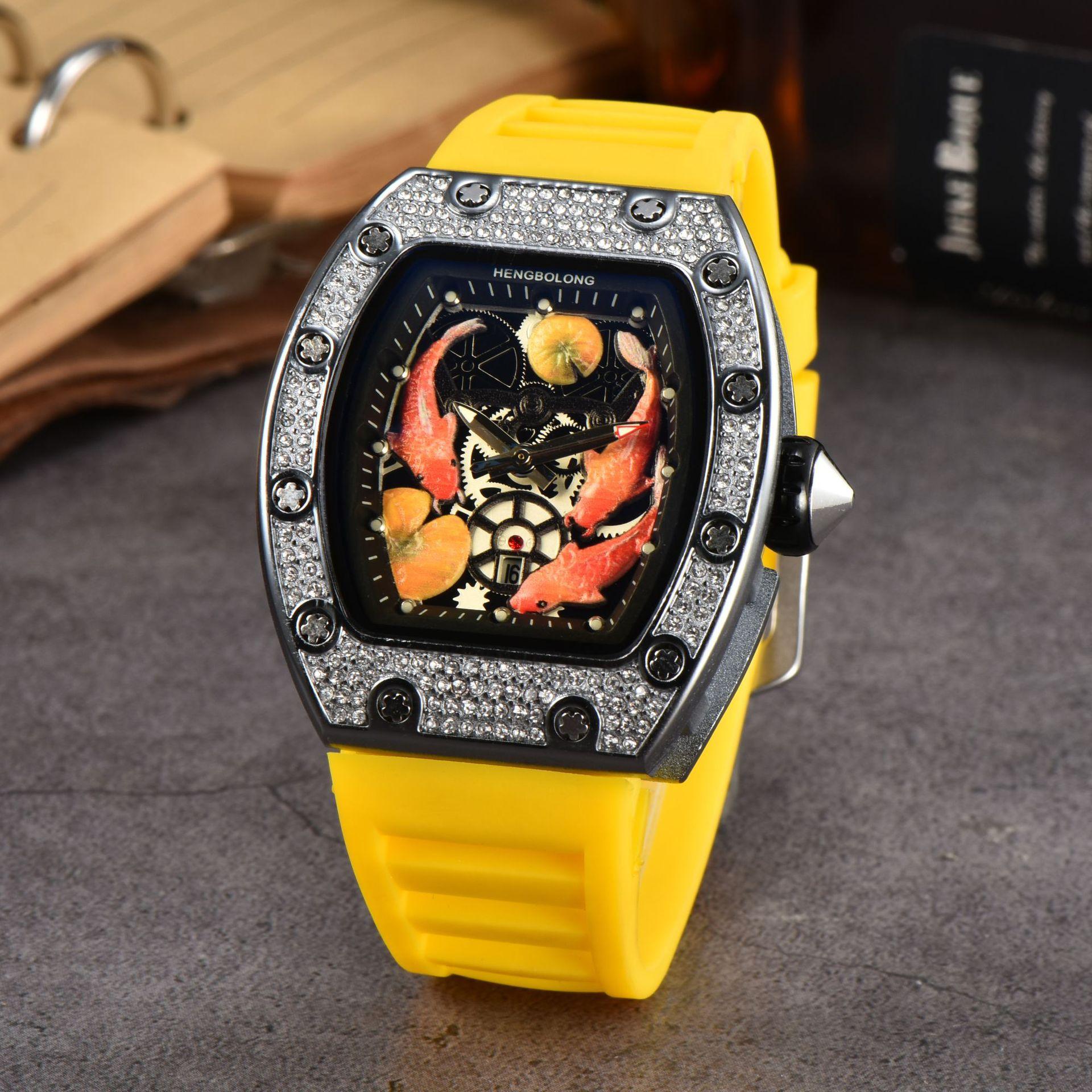 

2025 Hengbolong Diamond Quartz Watch Men s Fashion Koi Pattern Strap Calendar Silicone Watch Strap