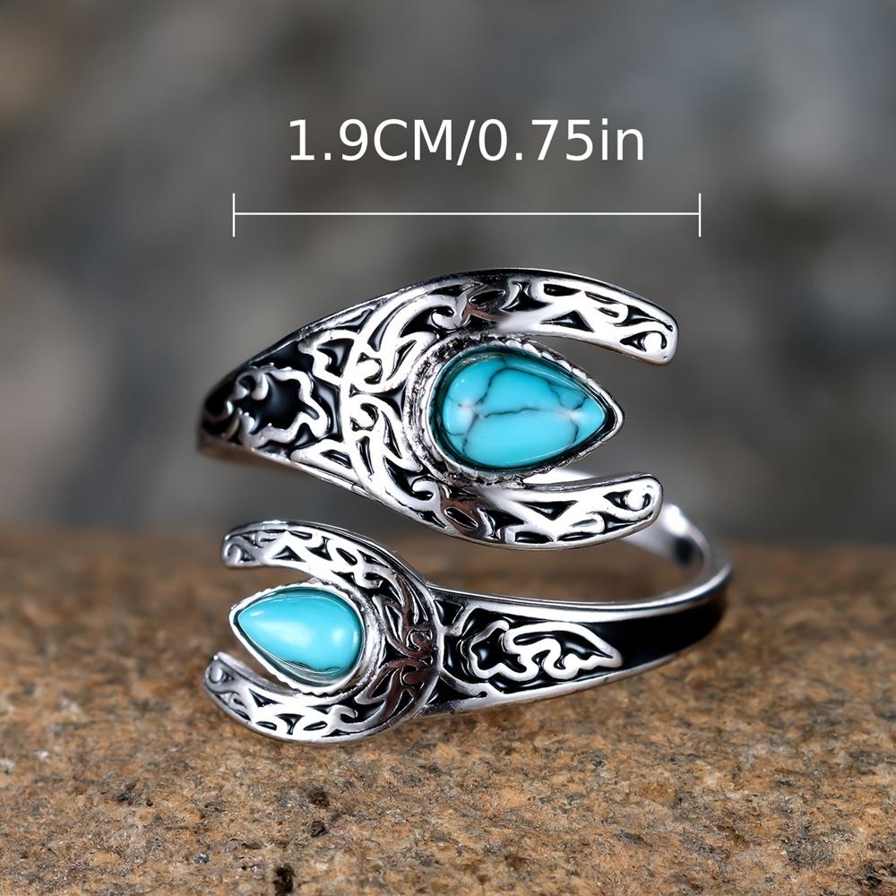 S925 Sterling Silver Double-sided Teardrop Turquoise Open Rings for Women Ethnic Bohemian Style Adjustable Ring Jewelry Accessories