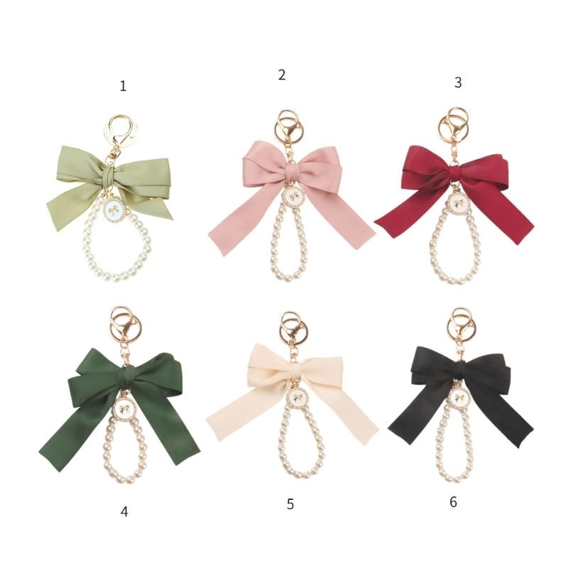 Elegant Pearl Chain Keychain with Large Ribbon Bowknot Pendant Stylish Keychain for Women and Girls Bag Decoration