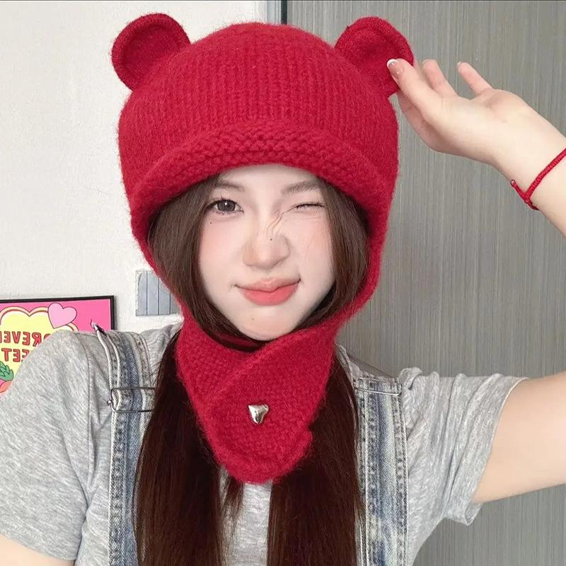 Cappello di Lana Carino con Orecchie d'Orso Giapponese per Donna in Autunno e Inverno Nuovo Caldo Cappello a Maglia che Mostra il Viso Protezione per Collo e Orecchie Cappello