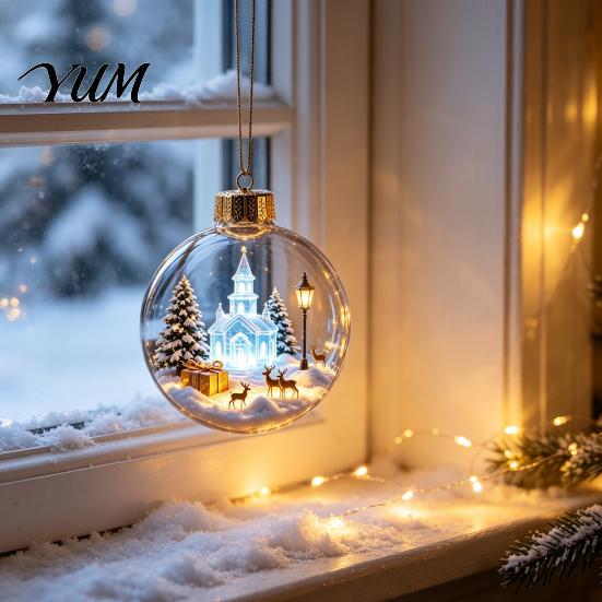 Transparent Christmas Tree Decor 3D Acrylic Faux Crystal Ball Ornament, Lighted Reindeer Sleigh Luminous Ornaments Snow Scene Hanging for Tree,