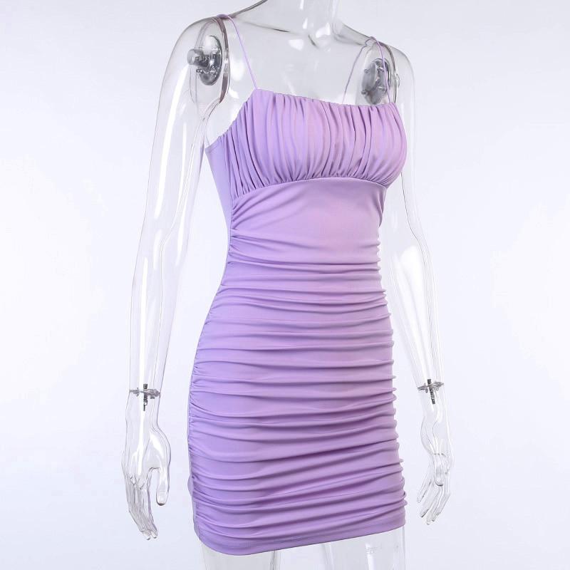 Fashion Ruched Party Dresses for Women Sling Sleeveless Purple Black Mini Dress Clubwear Slim Skinny Dress