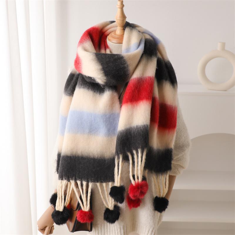 Outono e inverno novo bloco de cores imitação cashmere quente e elegante versátil borla lã bola looped fio cachecol para homens e mulheres