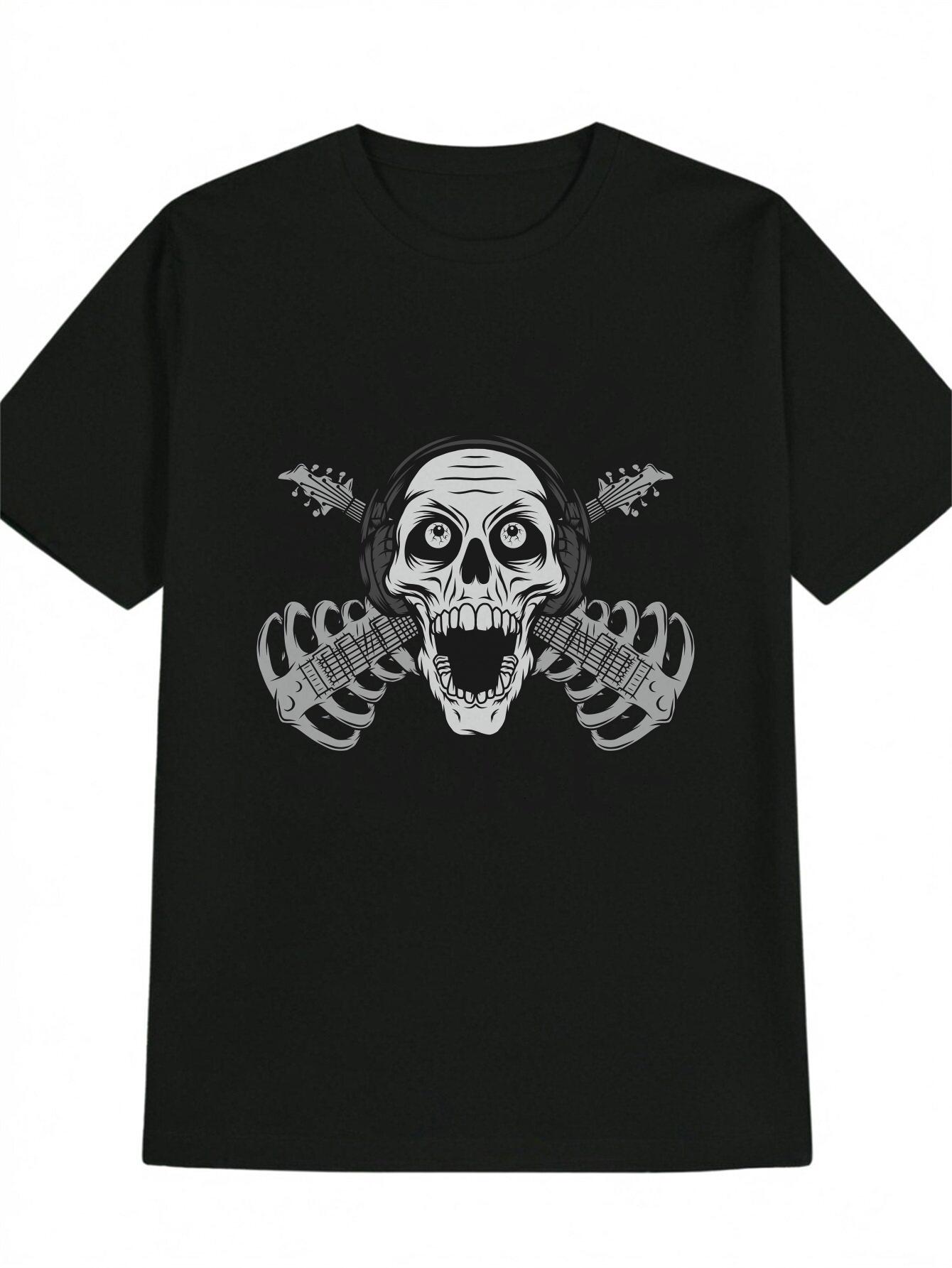Skull Guitar Graphic T-shirt - Black Casual Round Neck Tee with Skull & Headphones Design S