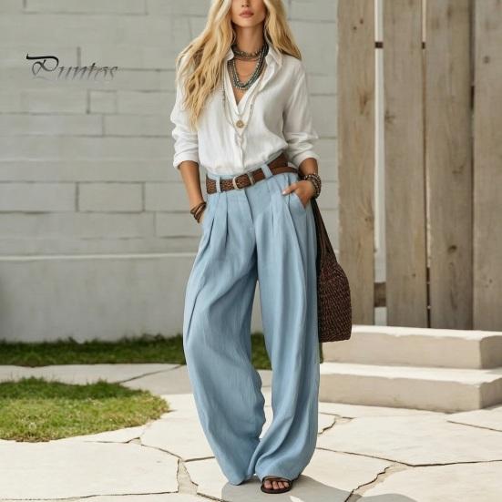 Long Sleeves Shirt Trousers Women Casual Two Piece Set for Fall, V Neck Collared Solid Color Suit & Wide Leg Pants, Loose Fit Autumn Outfits