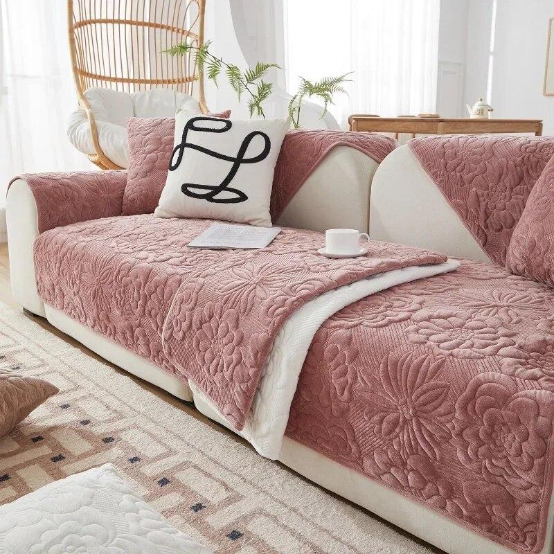 New Pattern Plush Sofa Cushion Winter Solid Color Plush Seat Cushion Pastoral Style Anti Slip Sofa Towel Backrest Towel Sand
