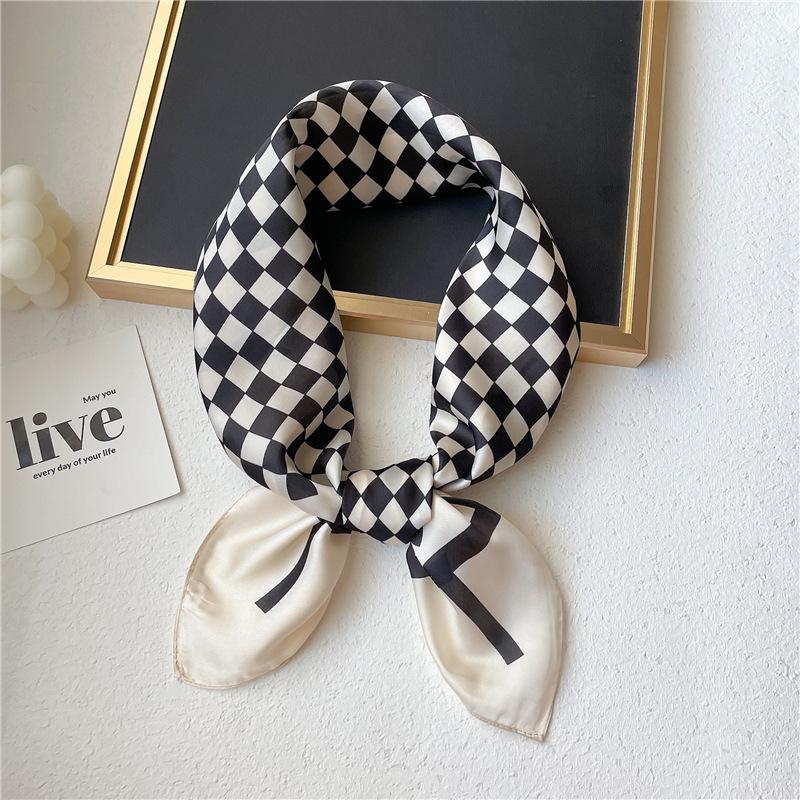 Temperament Small Square Plaid Silk Scarf Simulation Silk Scarf Winter Black and White Professional Scarf Spring and Summer Sun Protection Shawl Squar