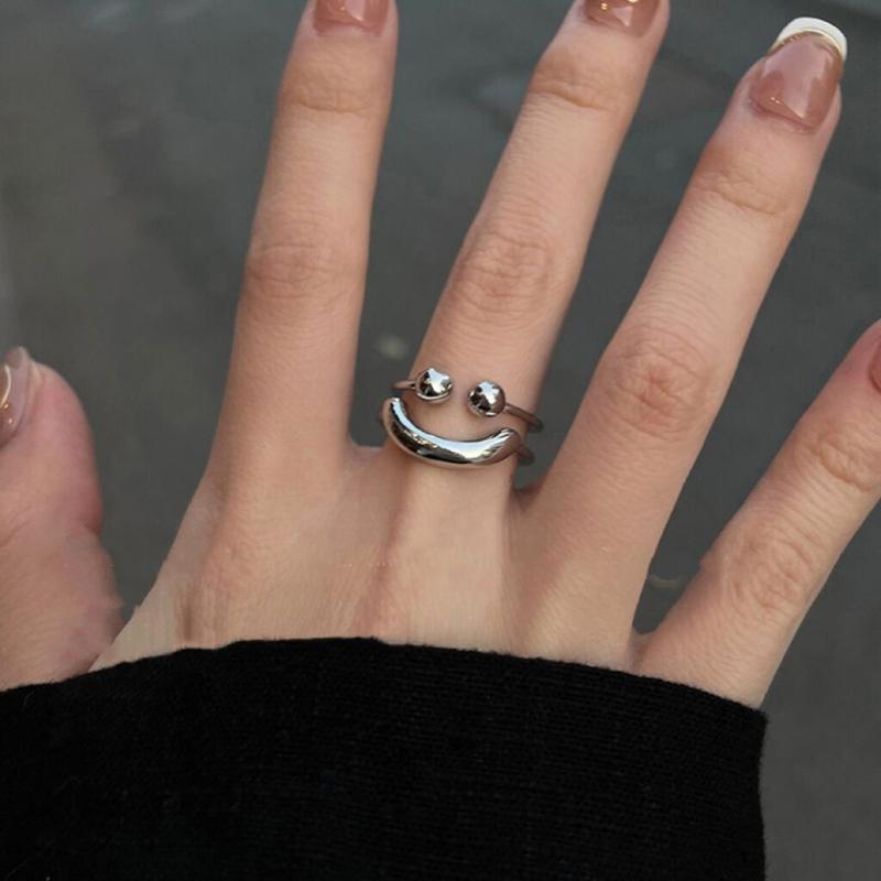 Charm Vintage Cute Simple Smile Adjustable Ring Silver Color Engagement Wedding Rings Jewelry Gift for Men and Women