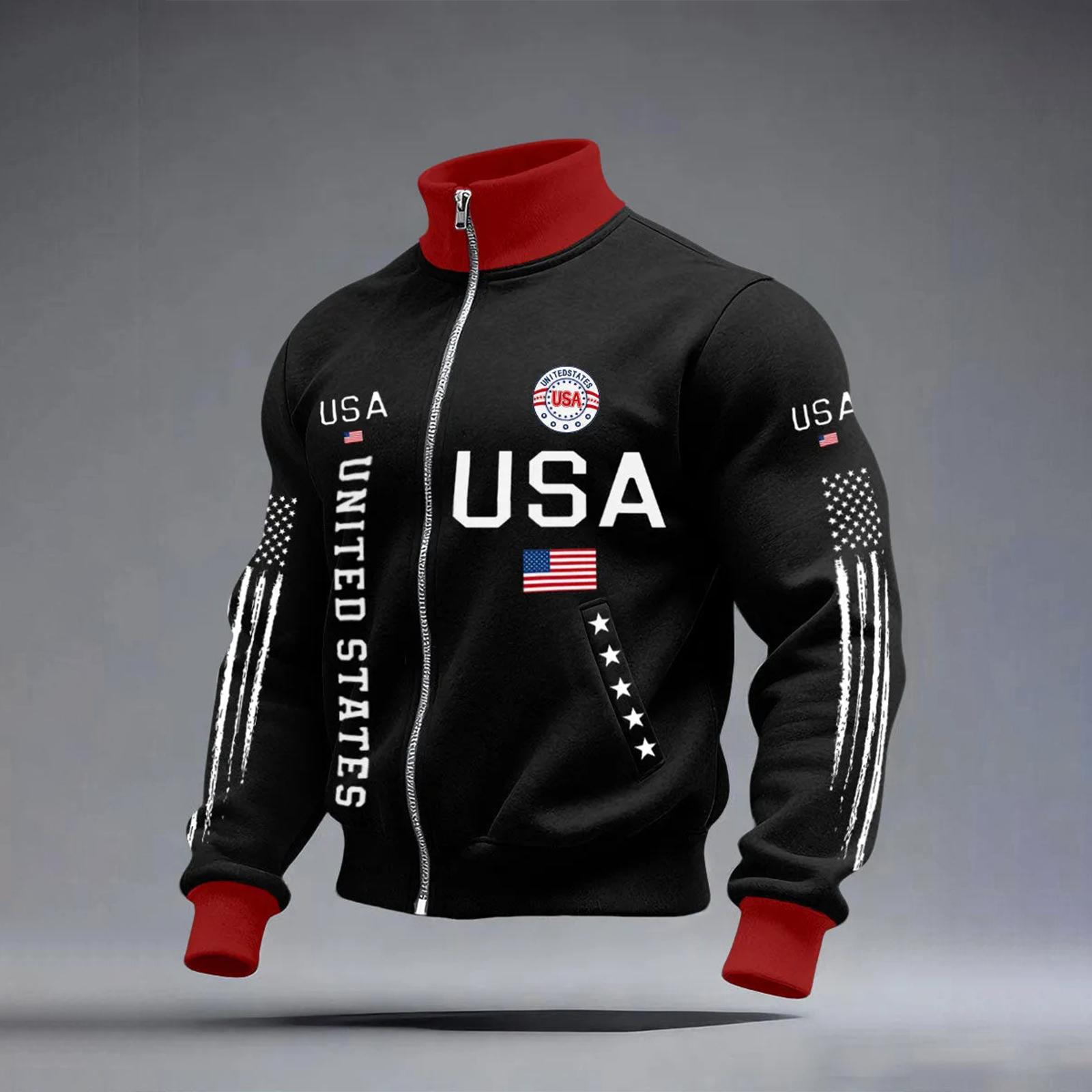 

USA Anniversary Men s Casual Letter Print Long-Sleeve Zip-Up Cardigan XXXXXL чорний