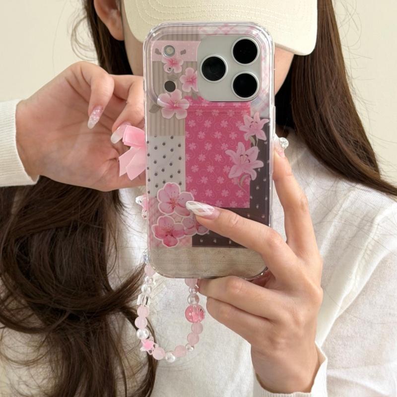 Fashion Cute Flower Painting Case For iPhone 17 Pro Max 16 14 15 Pro Phone Cover with Chain For Apple 16 Pro Max Protective Case