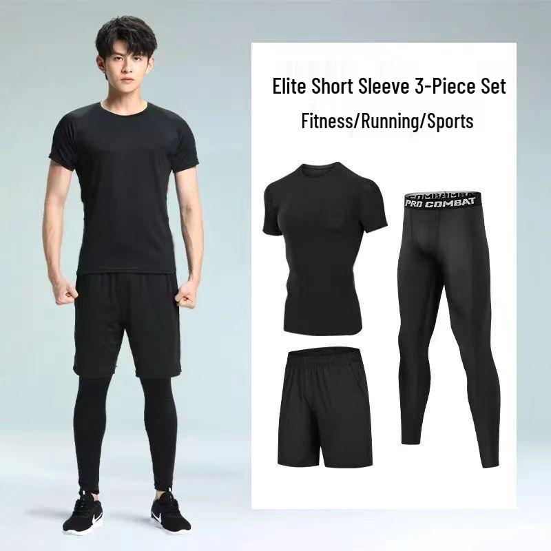 Pánské rychleschnoucí sportovní oblečení z ledového hedvábí s těsným střihem: Set s krátkým rukávem a pětibodovými kalhotami na letní fitness a běh