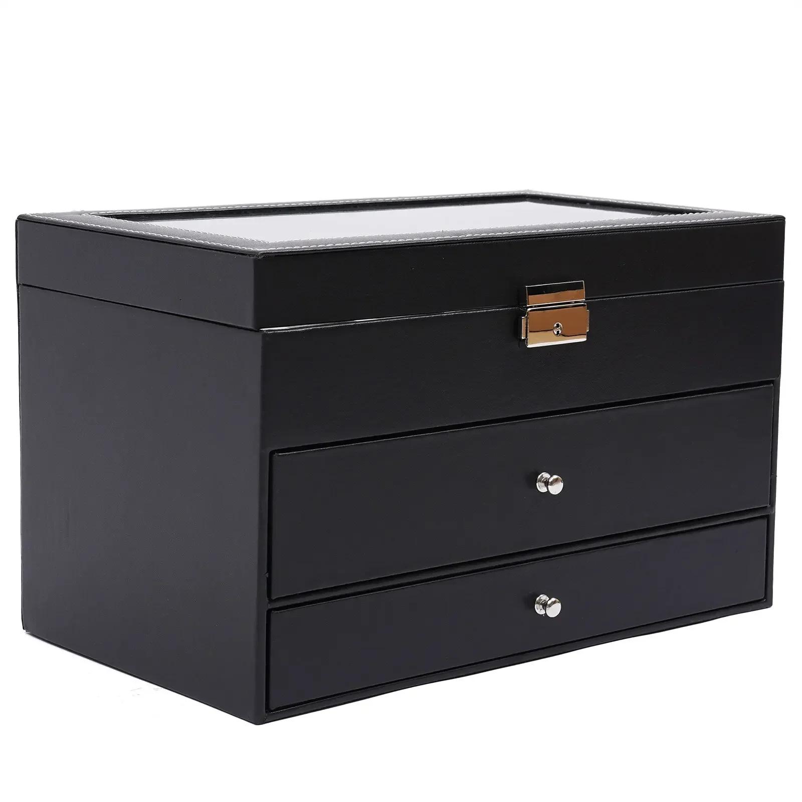 

3-слойная кожаная коробка для часов и очков и солнцезащитных очков с выдвижным ящиком для украшений, органайзер-кейс с металлической застежкой, черный чёрный