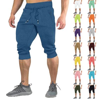 Men's Summer Solid Color Shorts Men's Elastic Waist Sports Loose Casual Quarter Pants