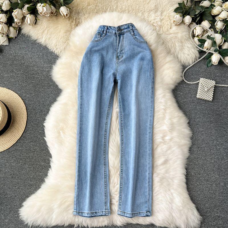 

Korean Style Hong Kong Style Vintage High Waist Silm Straight-leg Denim Light blue 26