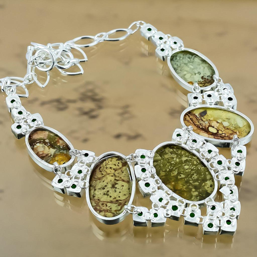 Natural Rhyolite Gemstone Chain Adjustable Necklace 925 Silver For Girls
