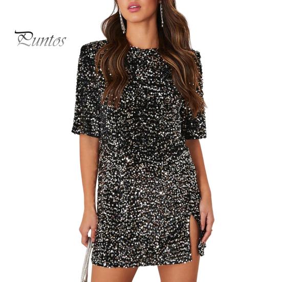 

Женское летнее платье с блестящими пайетками и короткими рукавами с разрезом подол, свободное платье трапециевидной формы с круглым вырезом для выпускного вечера, женское короткое платье XL чёрный