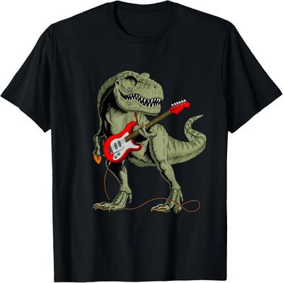 Cool Sarcastic Illustration T-Rex Dinosaur Playing Guitar T-Shirt