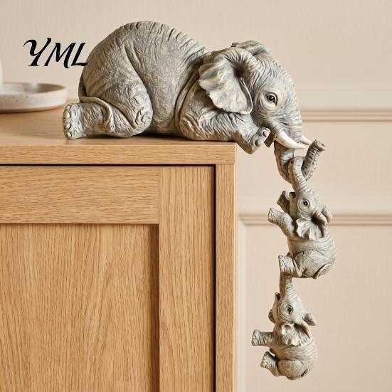 Modern Resin Craft for Home Decoration Elephant Shelf Sitter, Mother Hanging 2 Baby Elephants on The Creative Gift Family And Friends Edge,