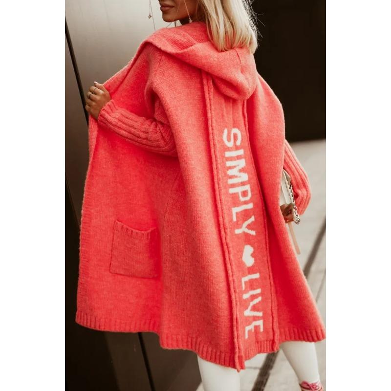 Letter Hooded Cardigan Knit Sweater Women Autumn Winter Loose Long Sleeve Coat Long Knitted Jacket Pocket Overcoat Office Lady