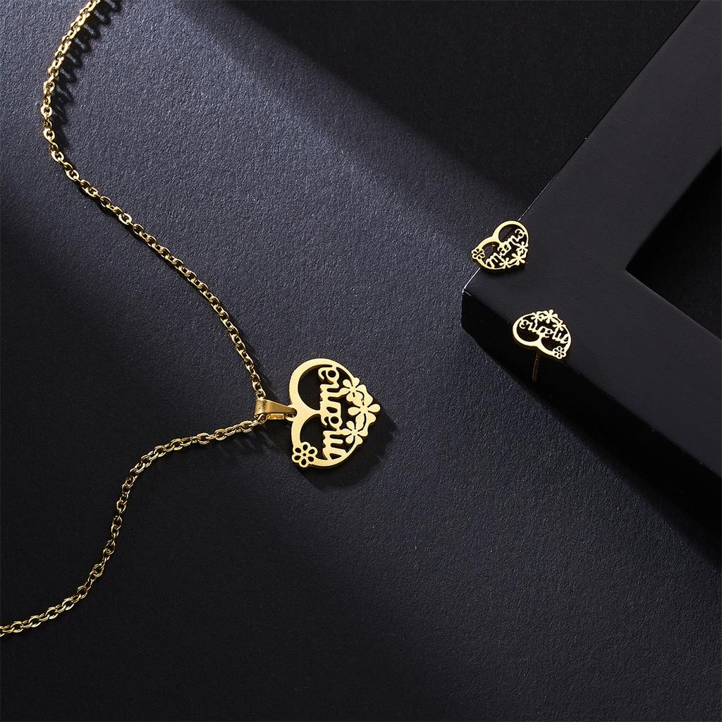 Stainless Steel Gold Color I Love MAMA Letter Necklace Earrings Set For Women Heart Mom Daughter Figure Mother's Day Jewelry Set