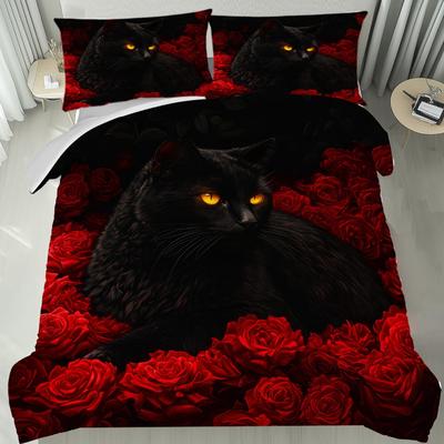 Alluring Black Cat Roses Bedding Set Digital Printed Soft Duvet Cover King Queen Twin Single Size Bithday Gift Room Decoration