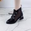 Soft leather boots women's hollow round head mesh cool boots women's autumn and winter new fashion versatile thick heel cool boots women