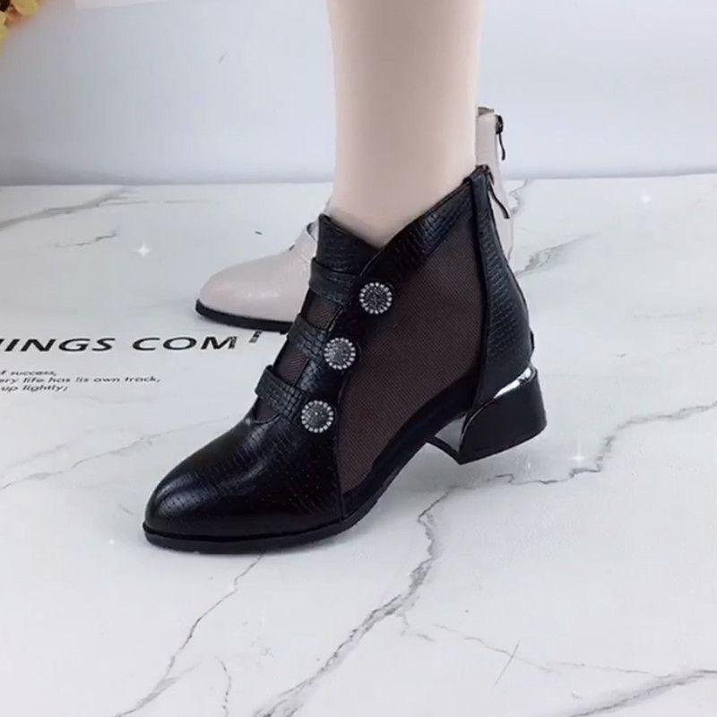 Soft leather boots women's hollow round head mesh cool boots women's autumn and winter new fashion versatile thick heel cool boots women
