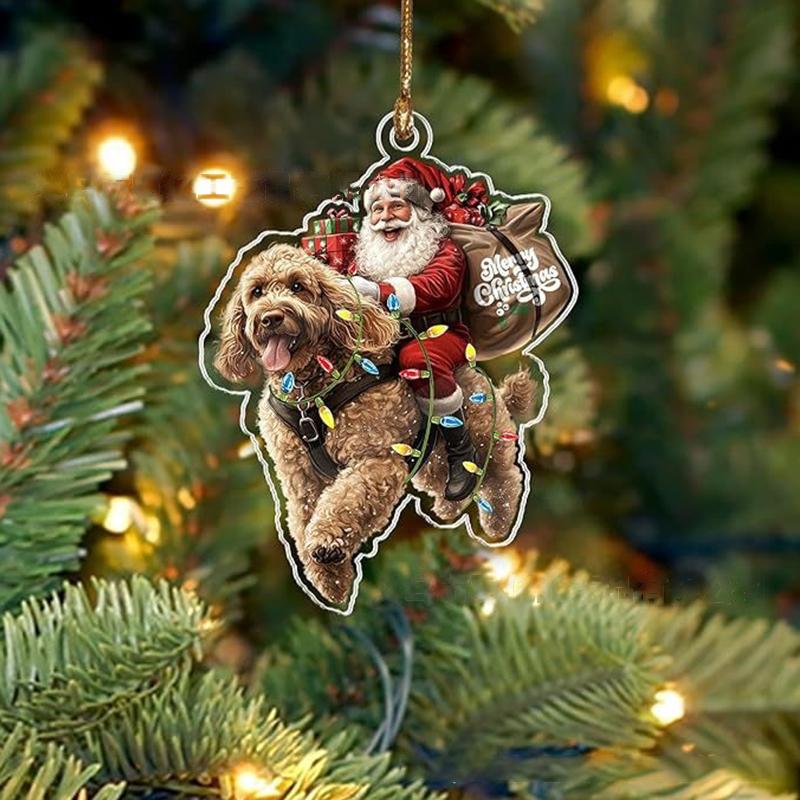 2026 Santa Claus And His Funny Dog Ornament 2D Flat Acrylic Pendant Christmas Decoration For Home Xmas Tree  Year Kerst