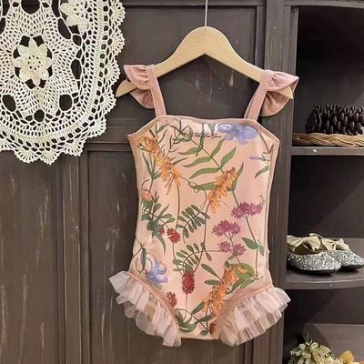 2025 Girls' Pink Floral One-Piece Swimsuit - Cute Swimwear for Children & Toddlers (S, M, L)