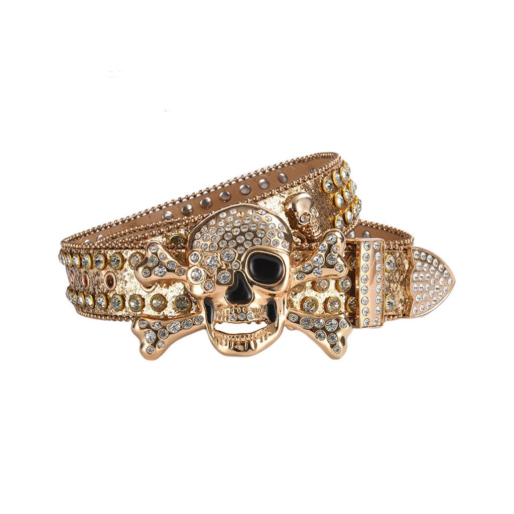 Adult Sequins Belt for Disco Party Waist Belt Rhinestones Skull Buckle Thin Waist Belt Street Cultures Enthusiasts Belt