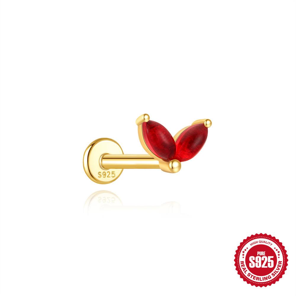 S925 Sterling Silver Green Fresh Retro Red Color Flat Head Stud Earrings Round Personality Versatile Earbone Stud Puncture