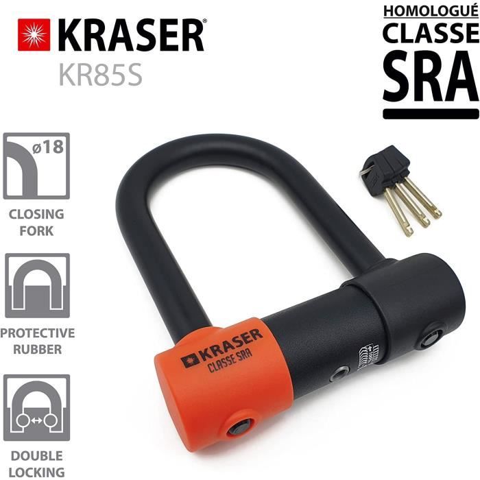KRASER KR85S Antivol Moto Bloque Disque U Homologué SRA Serrure Sécurité Solide Cadenas 85x125 Ø18 Blocage Motocyclette Scooter Vélo