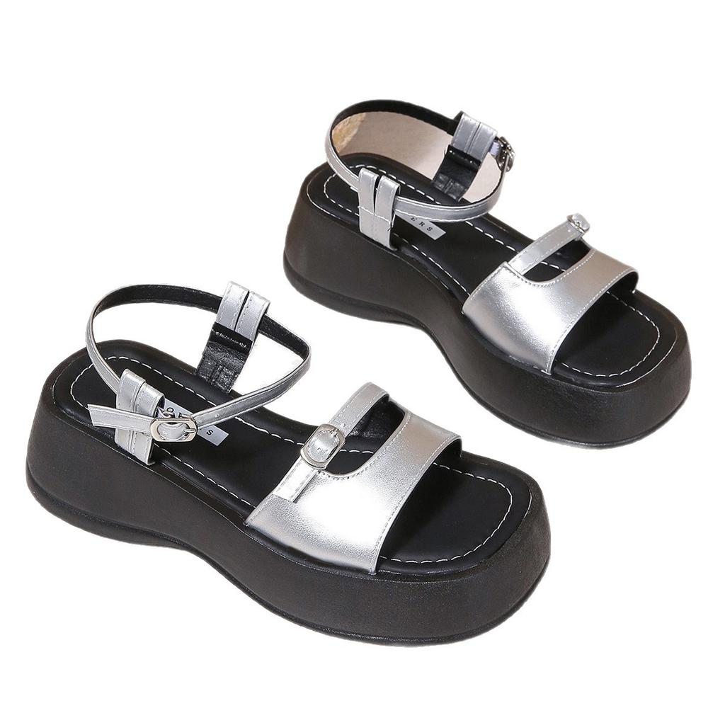 Women's Sandals Outside the Summer of 2025, the New Silver Square Head Wedge Heel Muffin Bottom One-word Buckle with Retro Roman Shoes