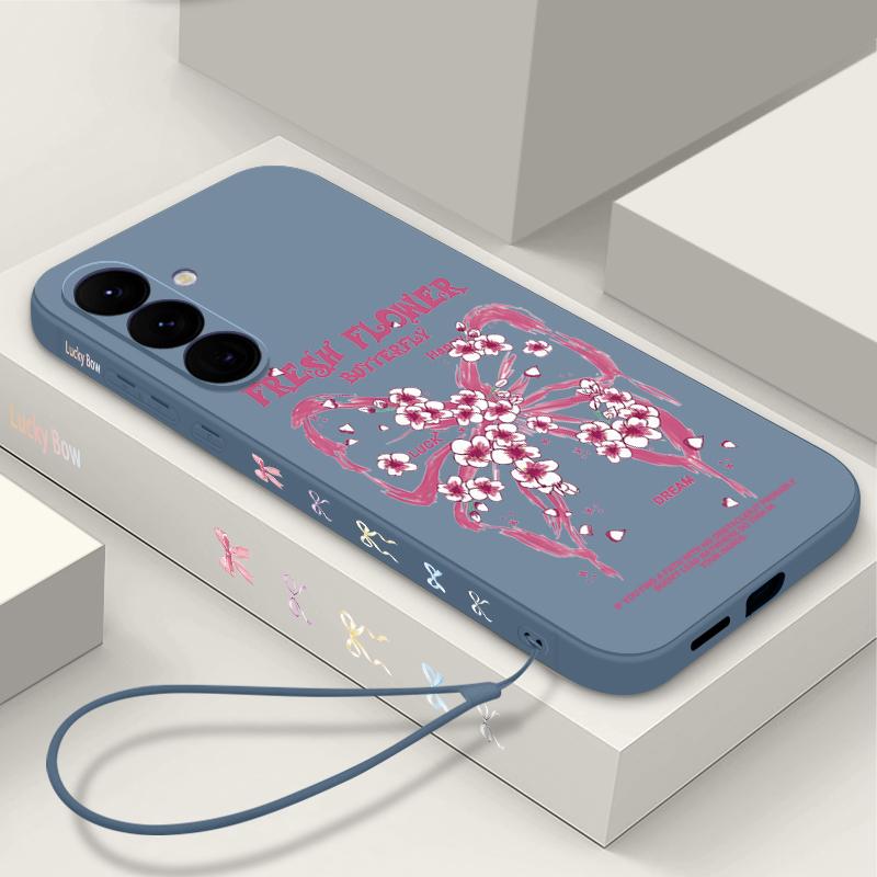 Pink Bow Pattern Phone Case For Samsung Galaxy A57 A17 A56 A16 A55 A15 A54 A36 S25 FE S26 S24 S23 S22 Ultra Soft Lanyard Cover
