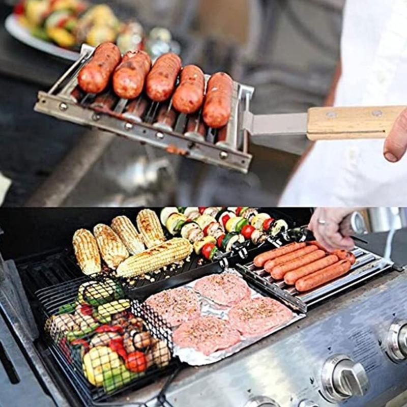 Stainless Steels Hot Dog Roller Sausage Roller BBQ Sausage Roller Rack Anti Scald Barbecue Sausage Roller 6 Roller