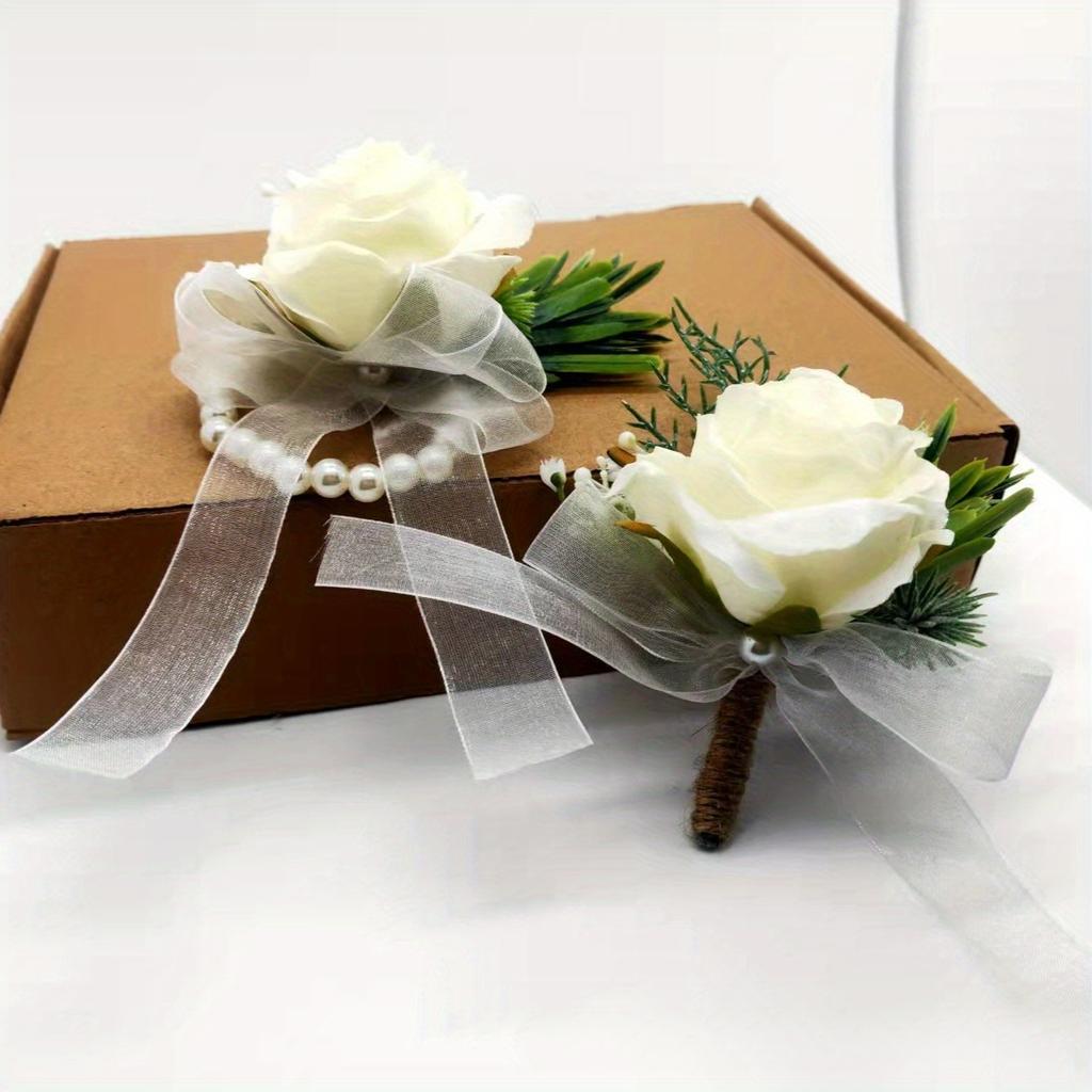 A Pair of Wedding Bridesmaids Simulated White Rose Corsage Wrist Flower Set