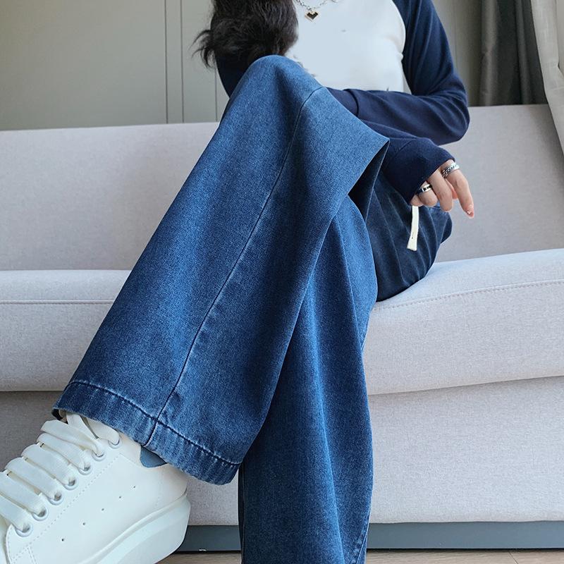 Spring Summer Loose Women Jeans Fashion Drawstring Straight Leg Wide Leg Casual Long Denim Pants Female Plus Size Elegant Trousers 831